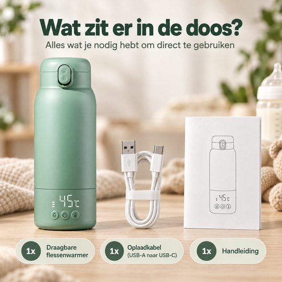 Nexeli NX-MW-03 Draagbare Flessenwarmer – 500ml – 100W – 10.400 mAh – 45W Snelladen – Draadloos – Melkverwarmer voor Baby – Gradient Green — afbeelding 5