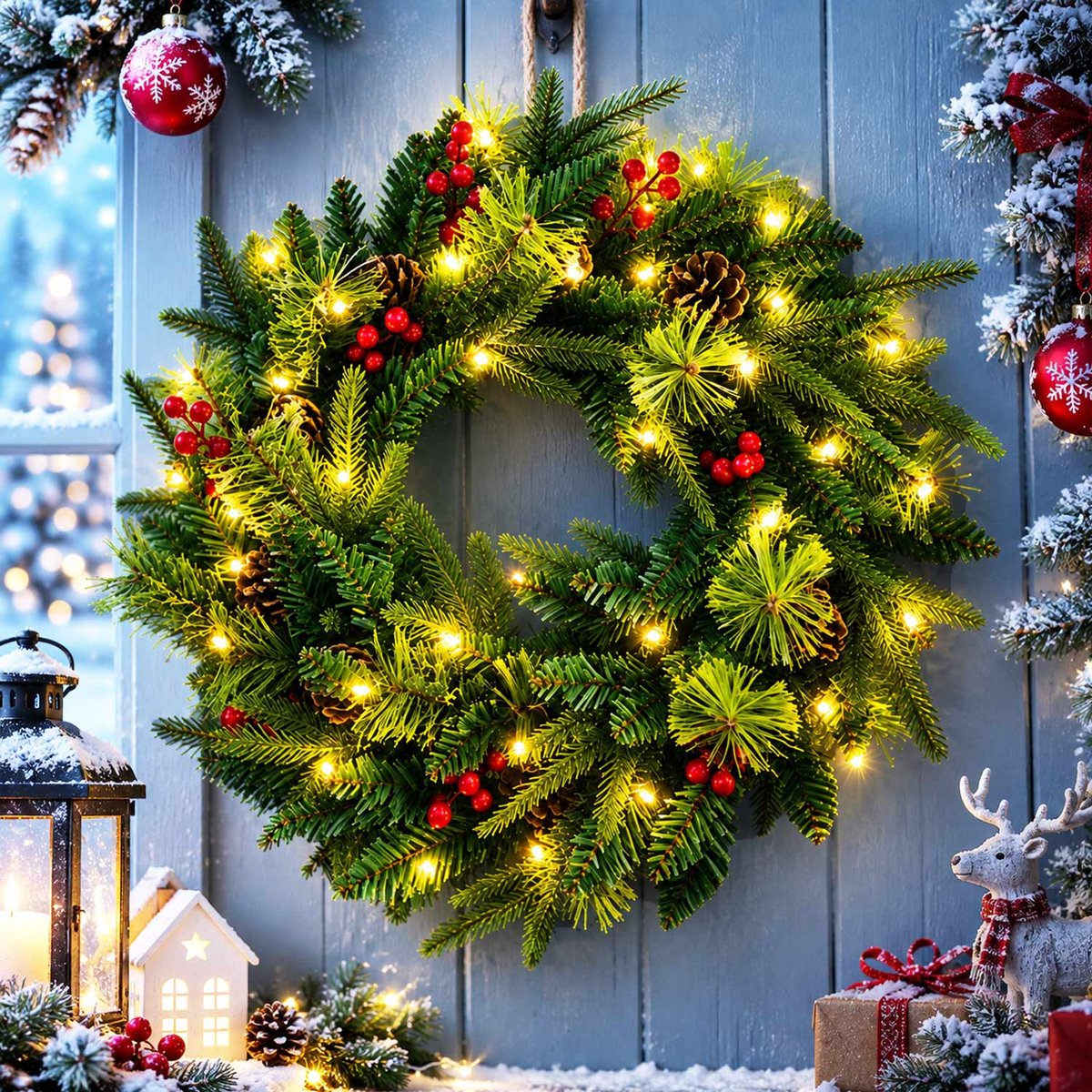 Meedeer Kerstkransen met Decoraties & LED verlichting(40cm)-Kerstkrans-Groen-Met rode vrucht-PE+PVC-materiaal-Deurkransen kerstversiering- Kerstdecoratie - Kerstmis