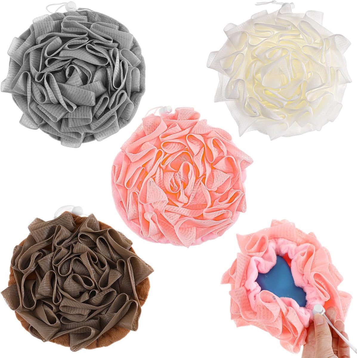 SnelShoppen - Douchespons Set 4 Stuks - Zachte Schuimende Lichaamspons - 19,5 x 19,5 cm - Duurzaam en Peeling - Bruin, Wit, Grijs, Roze - Voor Dames,