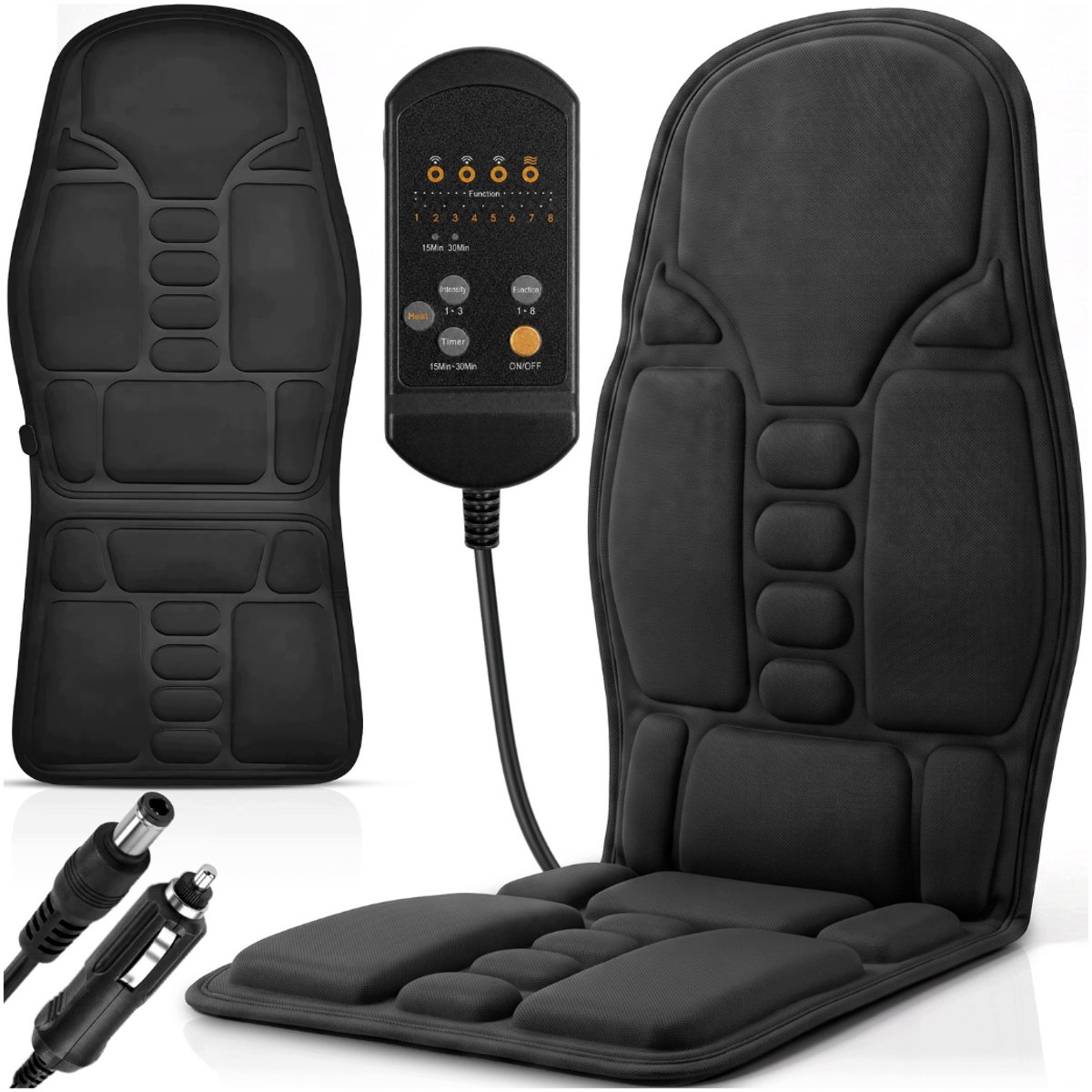 MOZY® - Autostoel Massage - met Verwarming - Zwart - 8 verschillende Modi - 3 Individuele Massagezones - 3 Intensiteitsniveaus - met Timer - Autostoel Verwarming - Massagestoel - Rugpijn Verlichting - Kerst - Verwarmde Autostoel