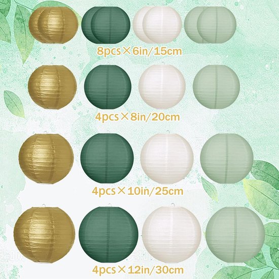 Papieren Lantaarns - Kleurige Ronde Lampions Set van 20 - Hangende Lampions Decoratie in Donkergroen, Lichtgroen, Goud en Wit - Feestelijke Decoratie voor Bruiloft, Tuin, Buiten en Feest — afbeelding 2