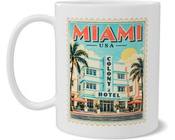 Mok Miami Colony Hotel Ocean Drive Postzegel Vintage Retro Art Deco Florida Souvenir Beker met Dubbelzijdige Print Cadeau voor Reizigers en Strandfans