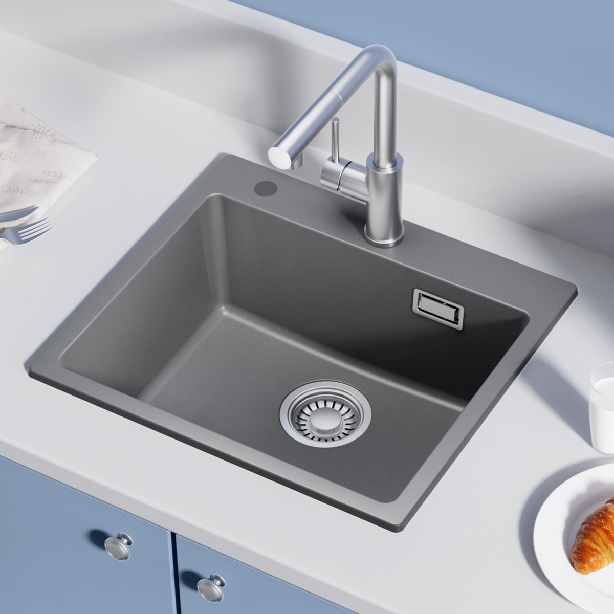 CECIPA Max Spoelbak Keuken 50x45 cm - Granieten Gootsteen Grijs - Composiet Spoelbak - Enkele Wasbak Met Kraangat - Inclusief Sifon