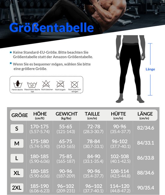Maattabel met lengte, taille, heup en gewicht voor heren sportlegging.