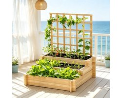 Verhoogde Plantenbak Met 3 Niveaus-Plantenbak Met Trellis-Houten Moestuinbak-Open Bodem-Balkon En Tuin-95 x 95 x 110 cm-Naturel