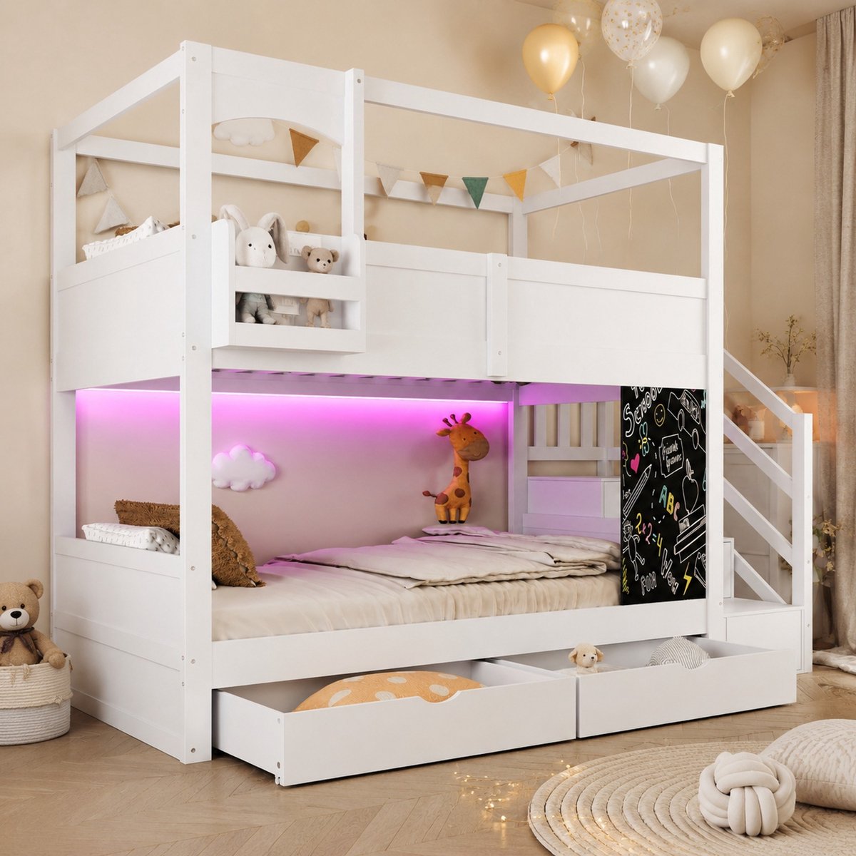 DESMIU Kinderstapelbed 90x200 cm – Huisdesign Met Opbergladder – Krijtbord, Plank En 2 Laden – Met Lattenbodems – Zonder Matras – Wit