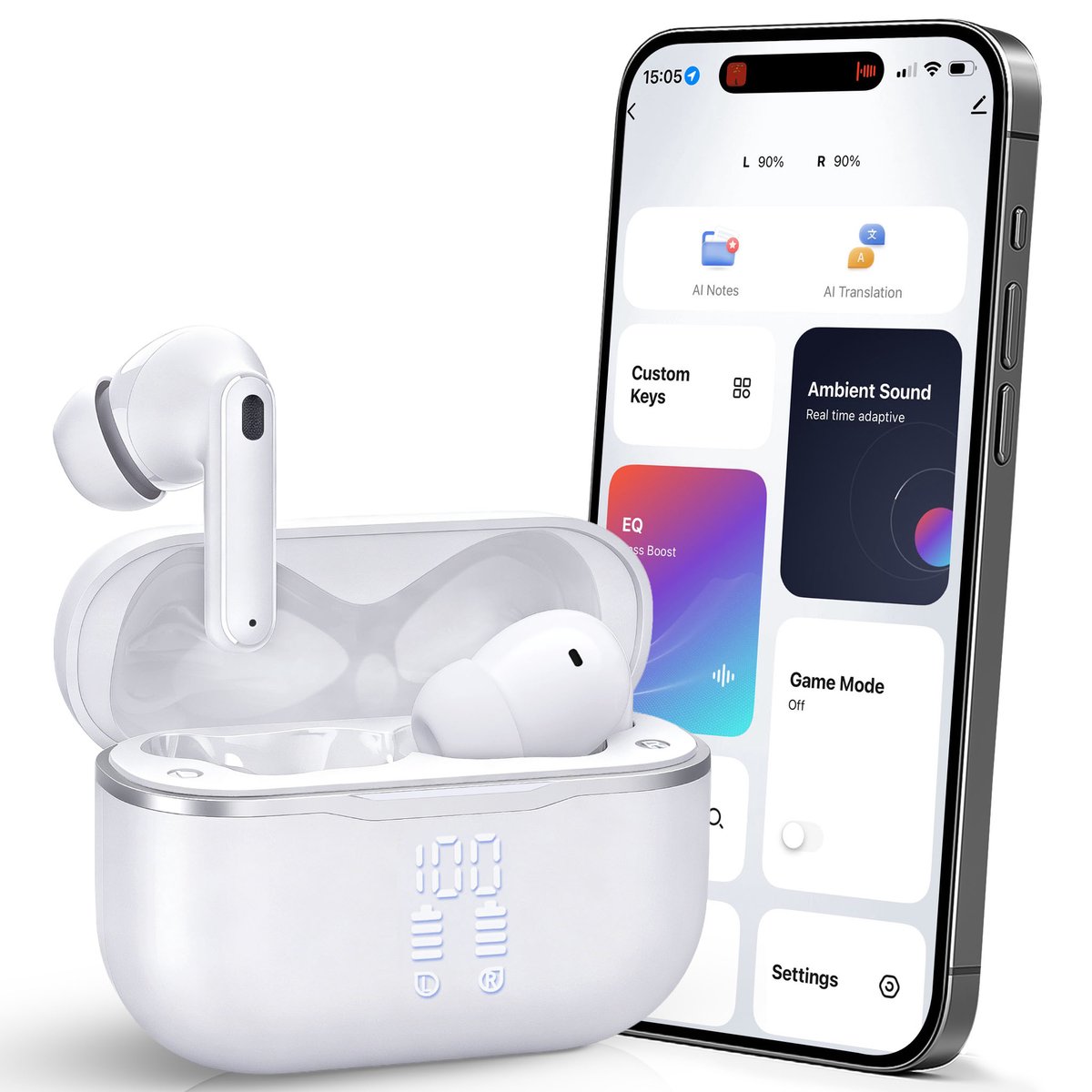 Siltcon® SoundWave Ultra - Oortjes Draadloos - Draadloze Oordopjes - Bluetooth Oordopjes – True Noise Cancelling ANC + ENC - BT 6.0 – Universeel – Tot 50 Uur Batterij - LED Display – 6 Mic - Met APP Voor Instellingen - Geschikt voor iOS en Android