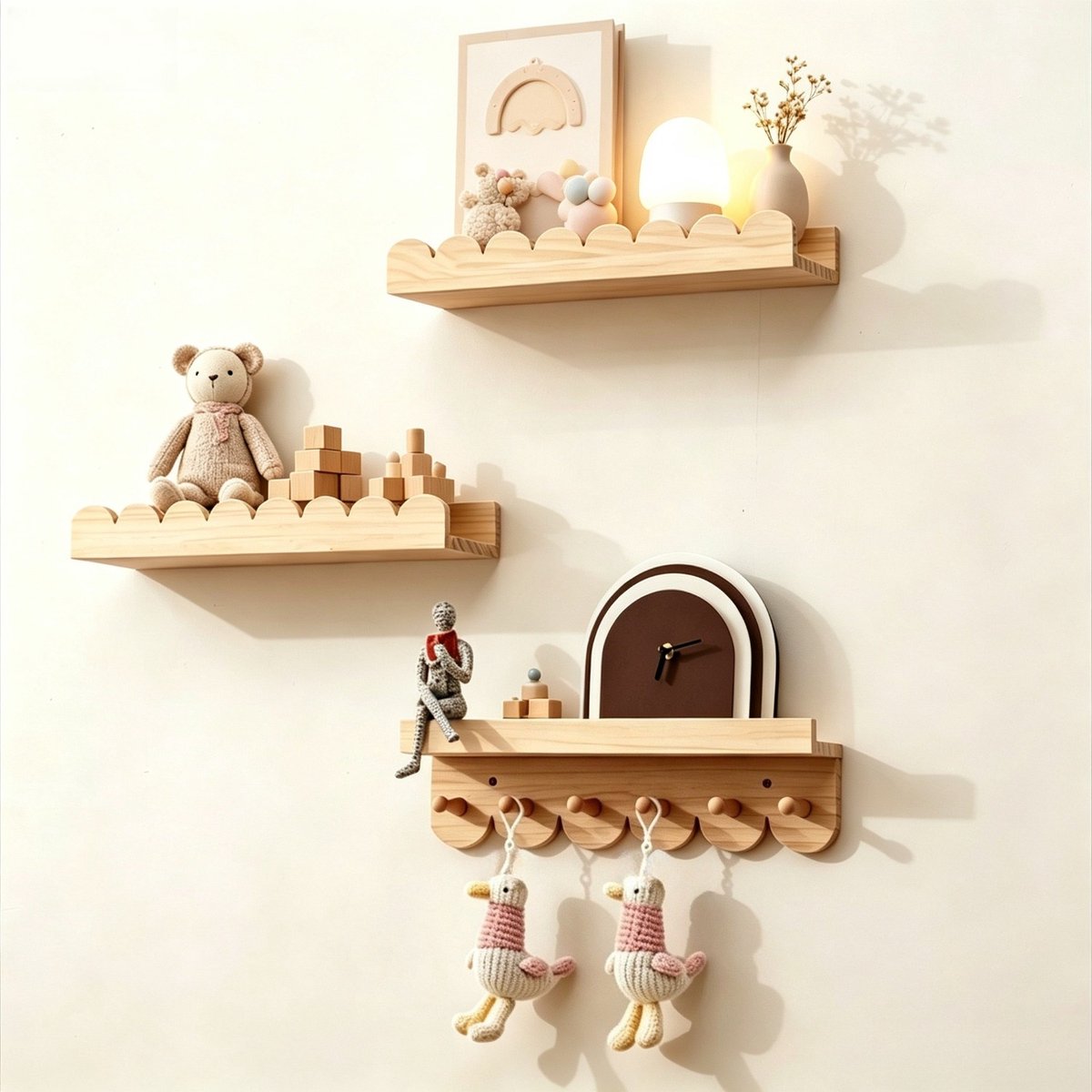 Set van 3 Natuurlijke Houtkleur Houten Wandplanken, Zwevend Design, Decoratieve Opbergruimte voor Kinderkamer, Babykamer en Badkamer - Ideaal voor Boeken, Planten en Speelgoed
