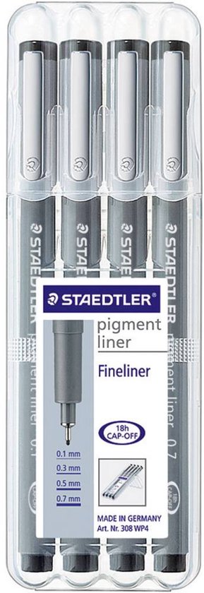 Set de 4 feutres STAEDTLER pigment liner noirs dans un étui en plastique, avec des pointes de 0.1, 0.3, 0.5 et 0.7 mm.