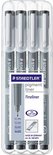 Set de 4 feutres STAEDTLER pigment liner noirs dans un étui en plastique, avec des pointes de 0.1, 0.3, 0.5 et 0.7 mm.