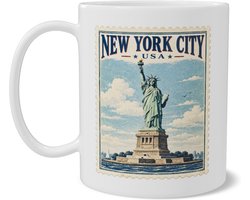 Mok New York City Vrijheidsbeeld Postzegel Vintage Reisposter Retro USA Souvenir Beker met Dubbelzijdige Print Cadeau voor Amerika en NYC Liefhebbers
