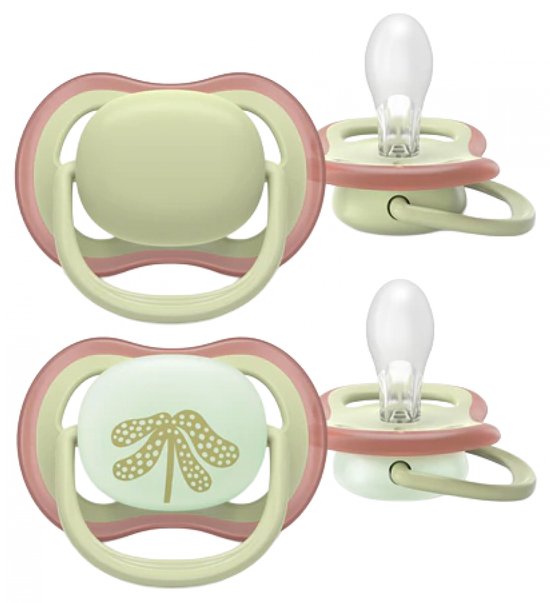 Twee Philips Avent Ultra Air fopspenen in lichtgroen met een roze rand. Eén fopspeen heeft een gouden libel opdruk.