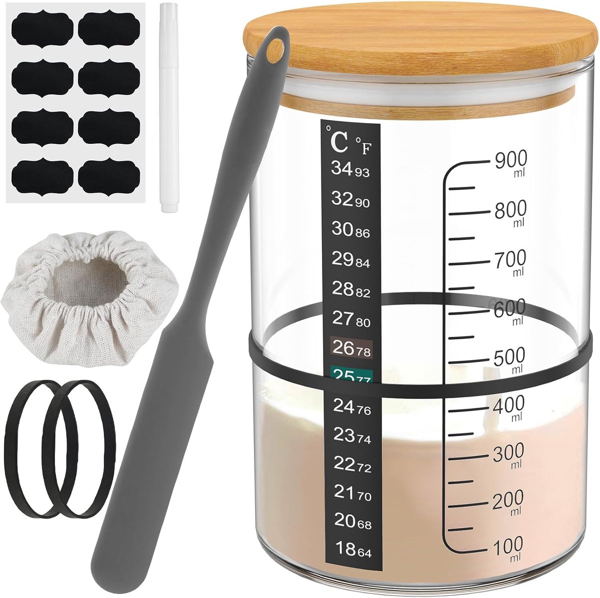 Starterset, 9 stuks, 900 ml, fermentatieglas, zuurdeeg, glas met deksel, thermometer, siliconen spatel, stoffen kap, markers, etikettenpapier, elastieken voor bakkers