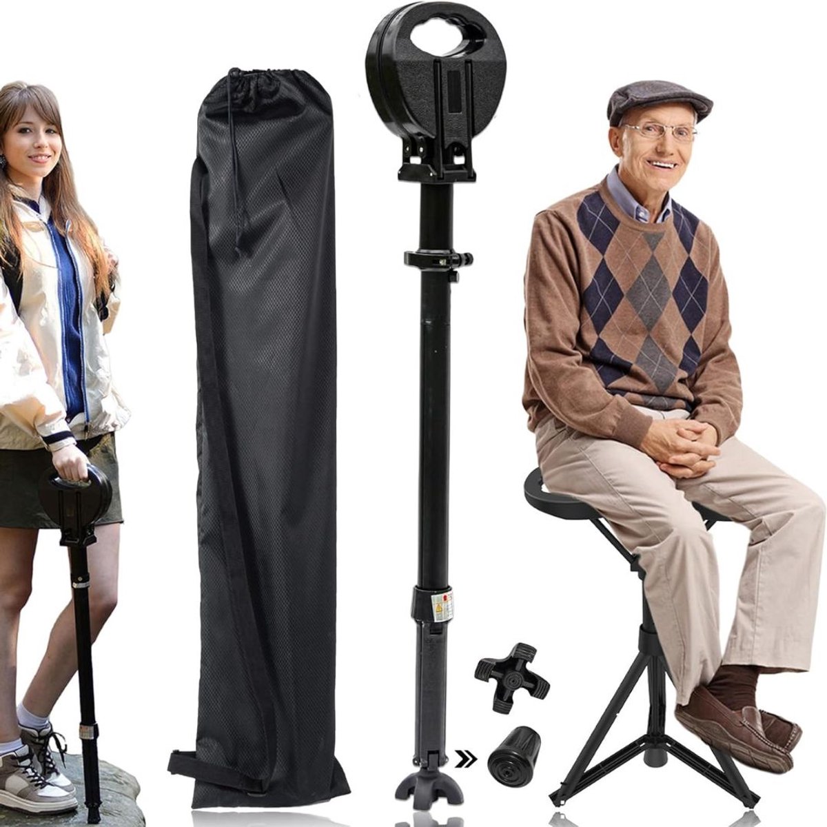 Zolvano® Wandelstok met Zitje - Opvouwbaar – Wandel Zitstok Tot 120 kg - Zwart