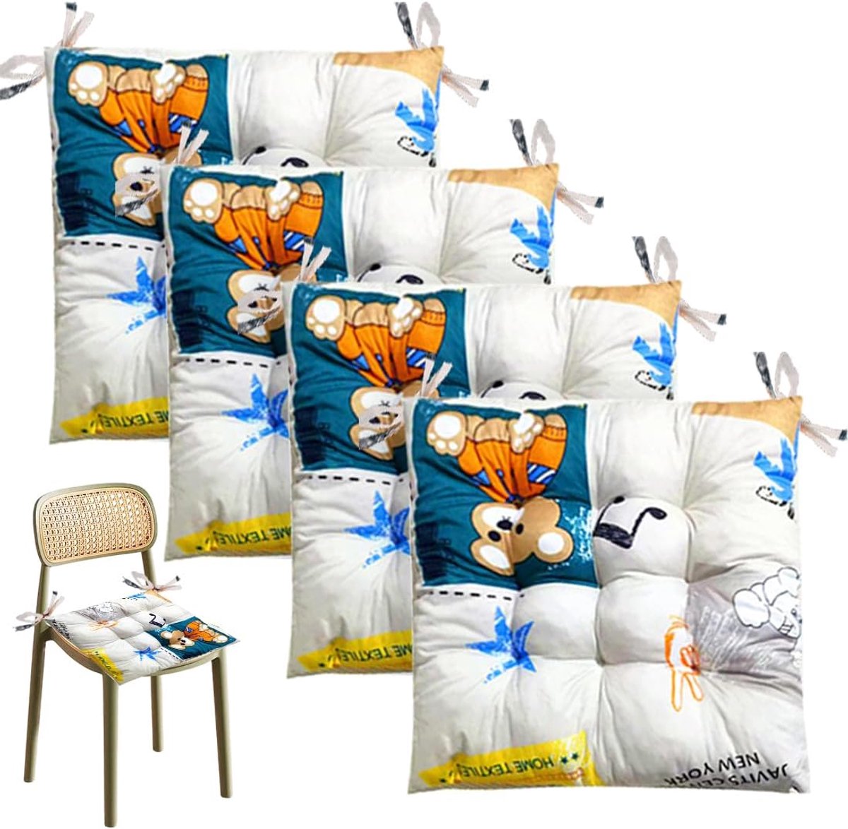 4 stuks stoelkussens met print, 40 x 40 cm, zitkussen met banden, tuinstoelkussen, zitkussen voor binnen en buiten, stoelkussen voor