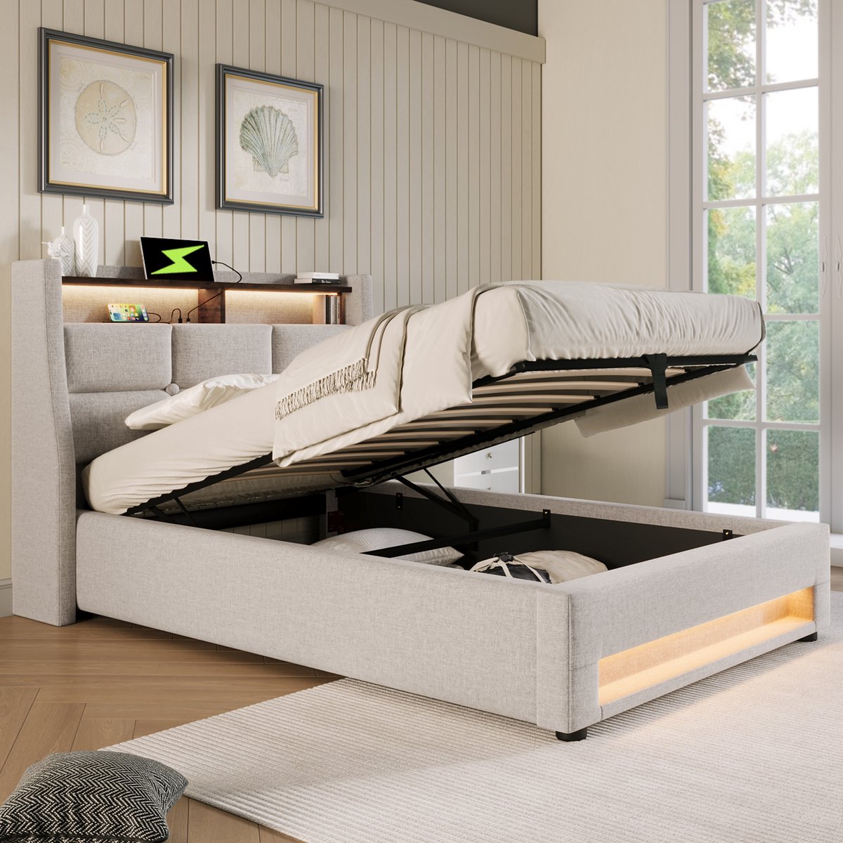 WUVRIE Gestoffeerd eenpersoonsbed 90x200 cm met opbergruimte, USB, LED en lattenbodem, lichtbeige