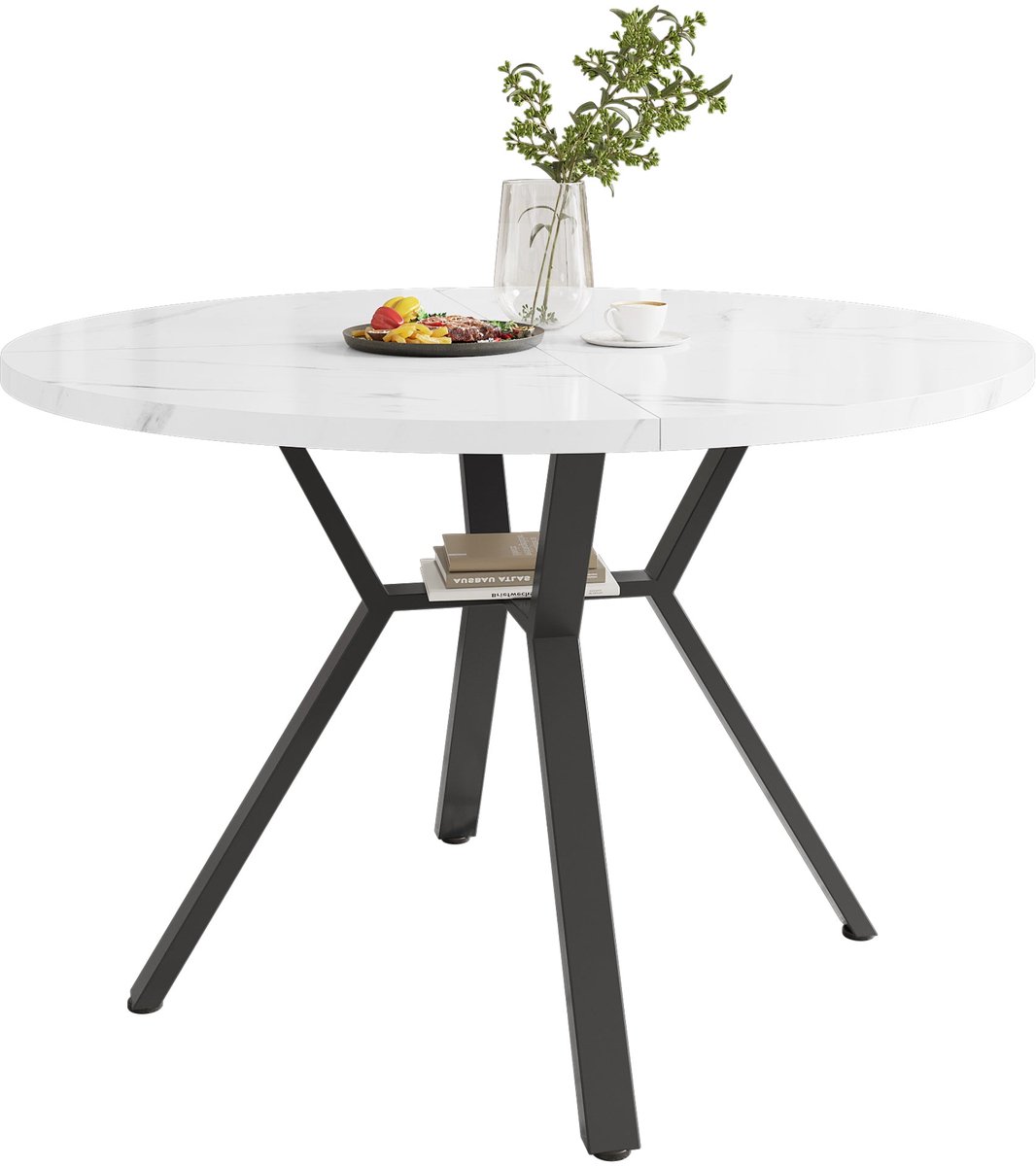 Merax Ronde Eettafel Ø100 cm – Marmerlook – Zwart X-onderstel – Industrieel Wit