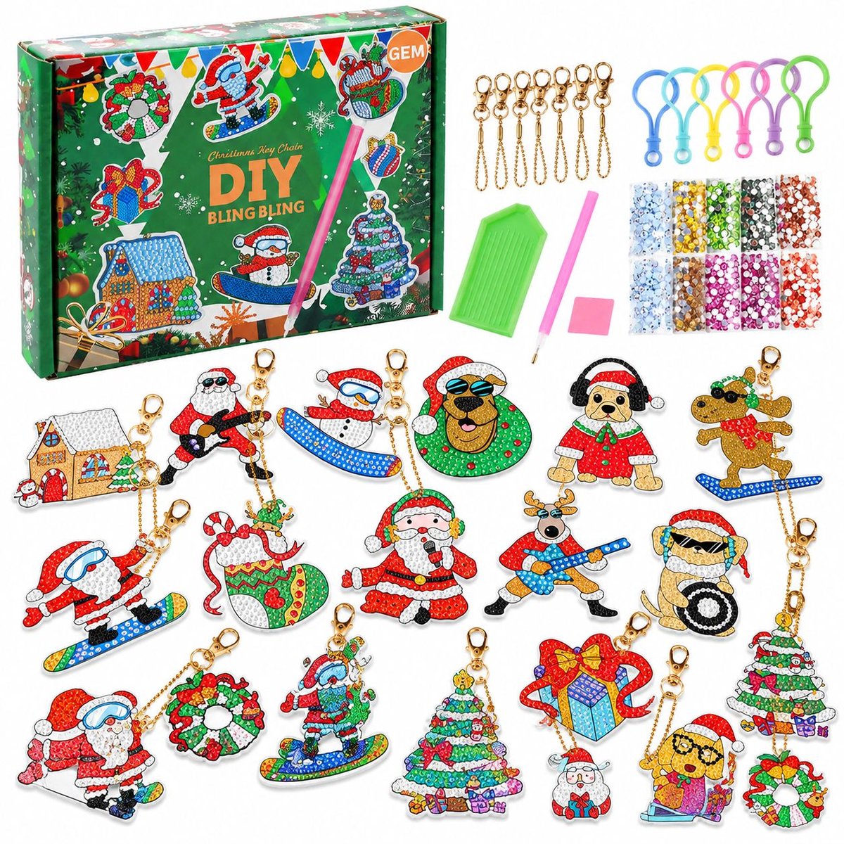 VHV - Knutsel kerst diamond painting - 15 stuks - Knutsel kerst sleutelhangers - Hangende kunstornamenten - Kerst feestknutselset - op school