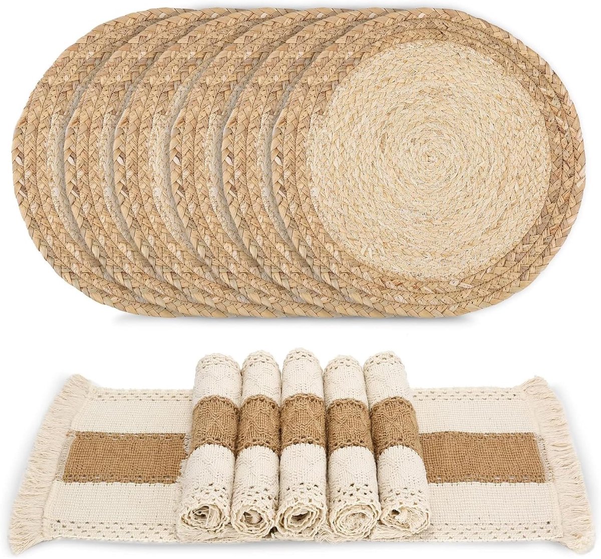Boho Placemats Set van 6 - Handgemaakte Natuurlijke Katoen Jute en Water Stro Tafelmatten
