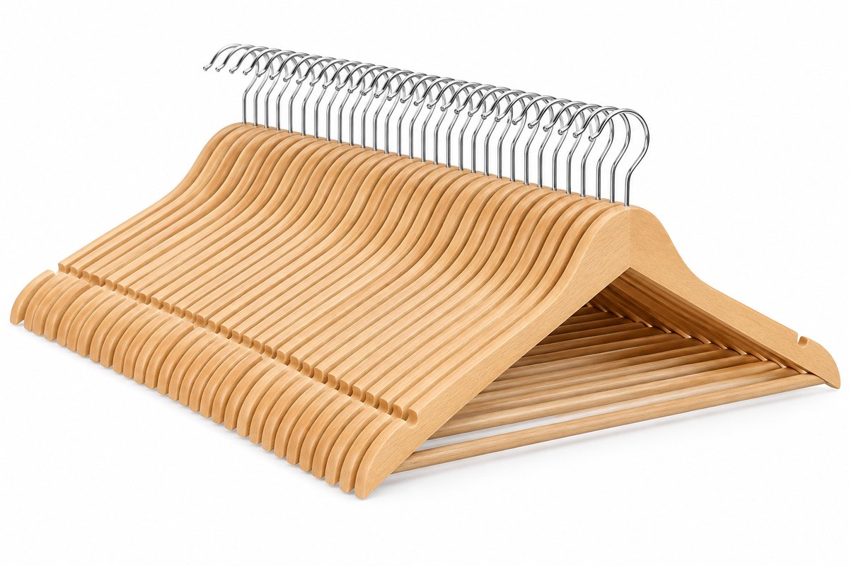 Sellino Kledinghangers - Klerenhanger - Hout - 30 Stuks - Met broekstang - Berkenhout - 360° Draaibare Haak - 43 x 21 cm