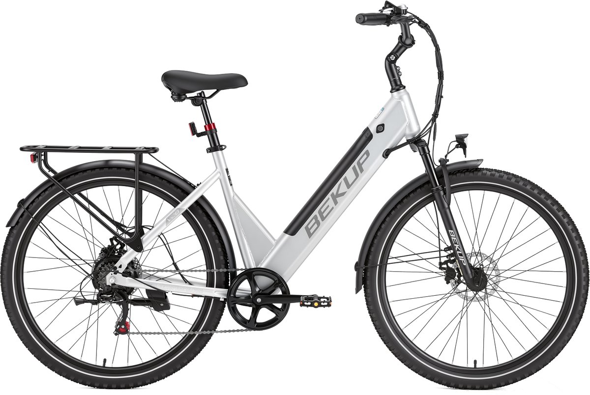 28 inch Elektrische stadsfiets - Comfortabele stadsfiets - 522Wh lange actieradius accu - 250W achterwielmotor - 45Nm koppel - Shimano 7 versnellingen - Schijfremmen voor en achter - LCD-display - Geveerde zadelpen - Zilver – foto 7
