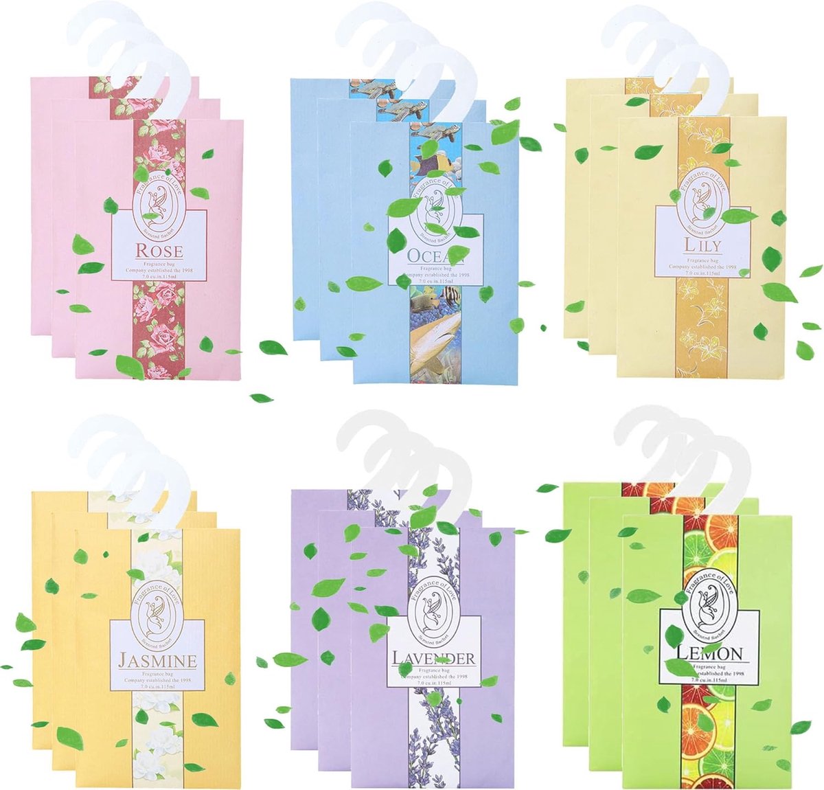 SnelShoppen - 18 Stuks Geurzakjes voor Kledingkast en Auto - Natuurlijk Lavendel, Jasmijn, Lelie, Roze, Oceaan, Citroen - Frisse Geur voor Slaapkamer,