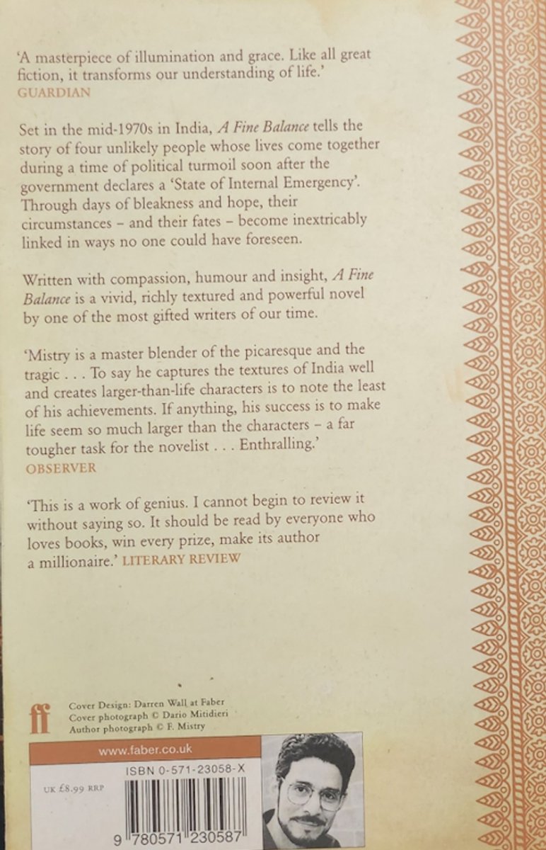 Boek "A Fine Balance" met tekst en een portret van een man met bril.