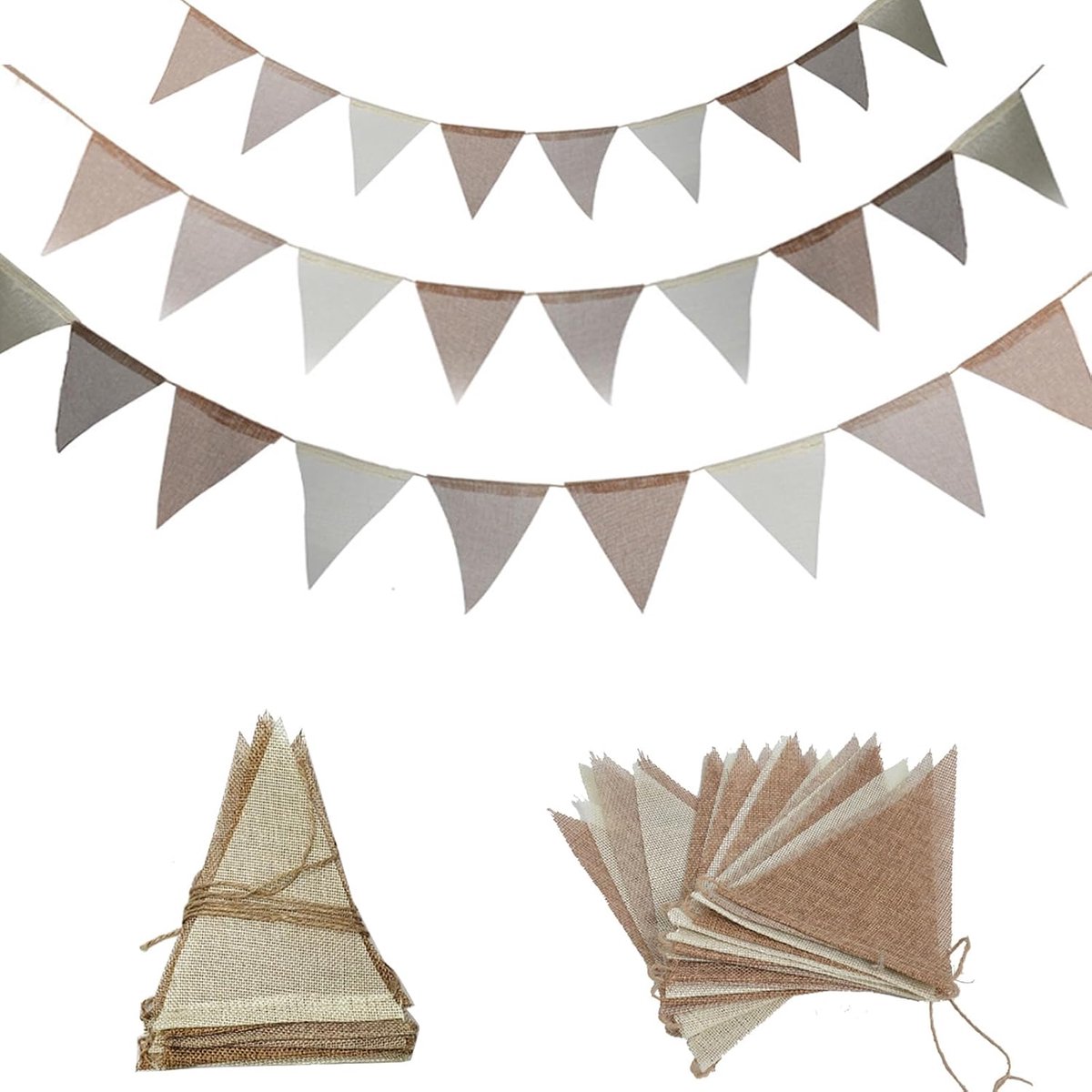 3 x Outdoor Bunting 4 m Weatherproof Jute Boho Garlands Beige Brown Vintage Wedding Garden Party Children's Room 36 - ShopVlot