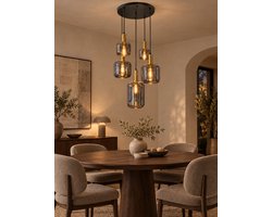 Mbc-living smokey - hanglamp 5lichts - mat goud / zwart - smoke bulb glas - 60cm