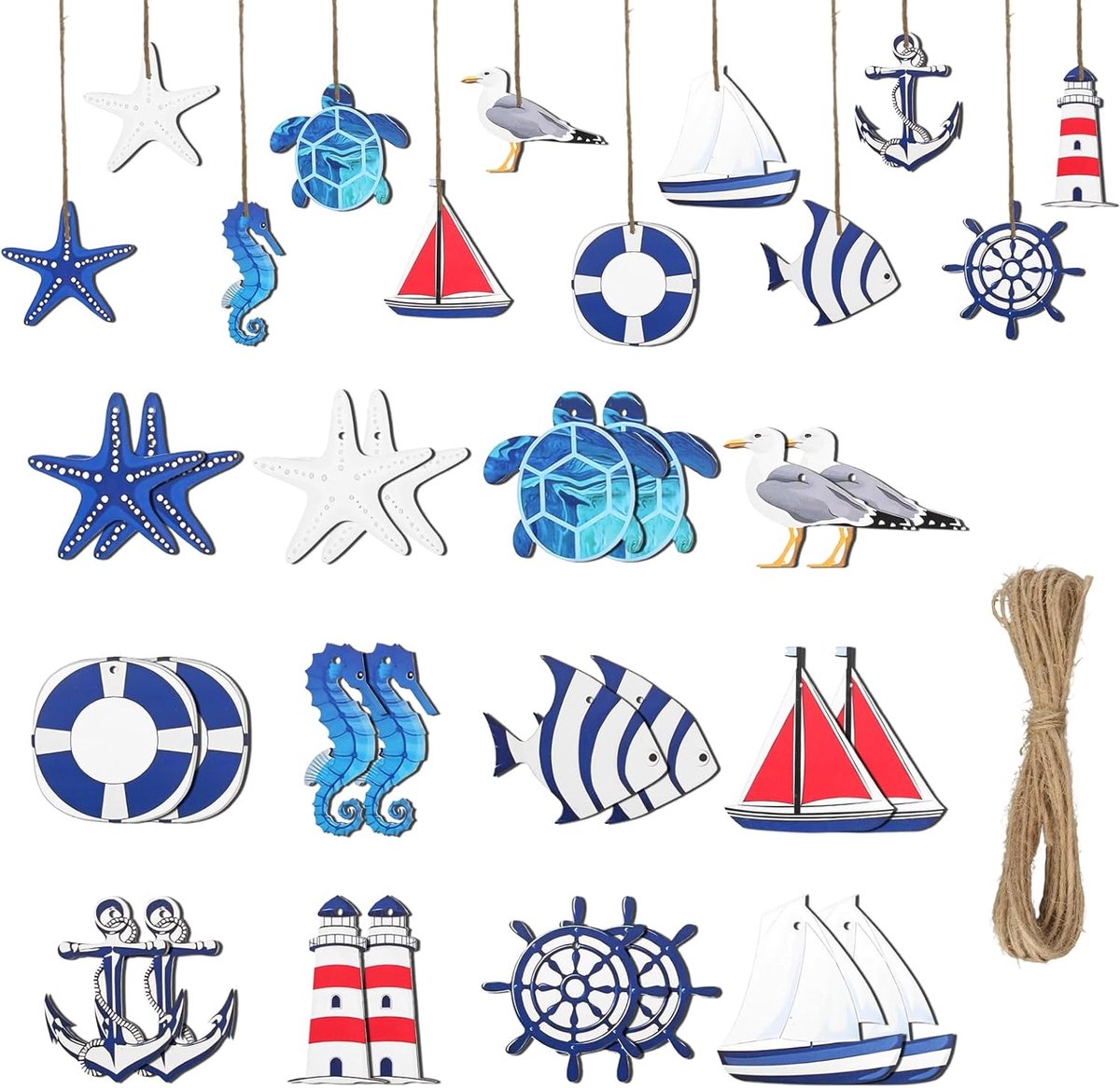 24 Piece Marine Decorative Pendant Set, Maritime Pendants Including 20m Hemp Rope Nautical Decoration Maritime Hanging - ShopVlot