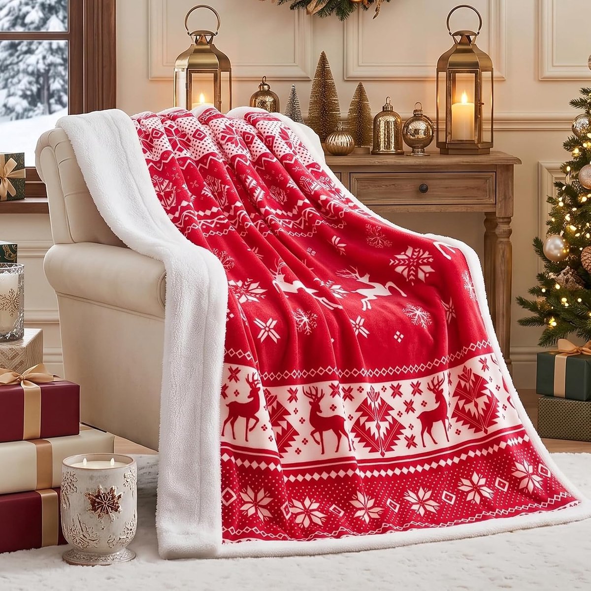 Kerstdeken 130 x 150 cm - sfeervol rendier- en sneeuwvlokpatroon - hoogwaardig comfort - ShopVlot