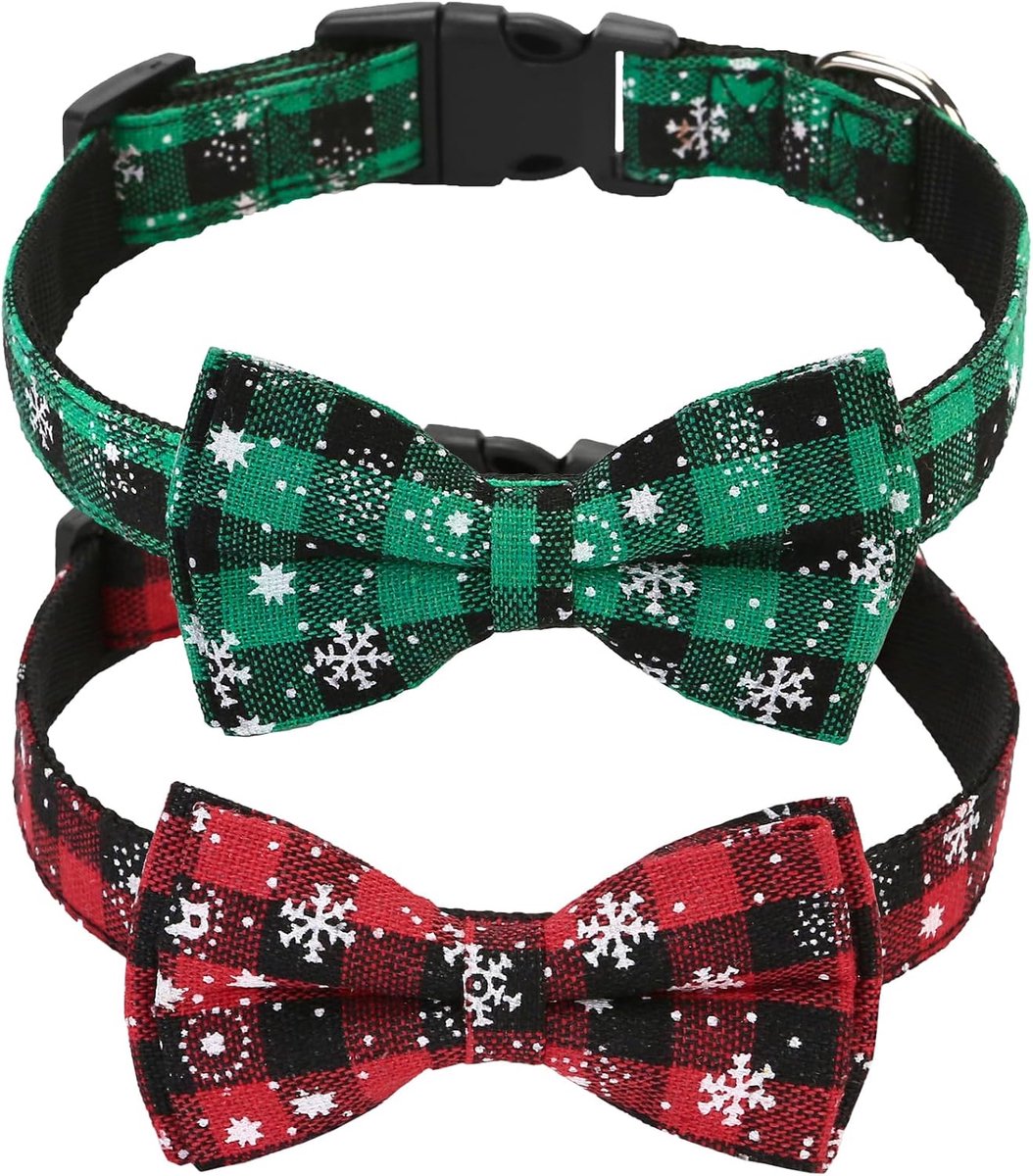 Christmas Dog Collar with Removable Bow Tie, Soft and Comfortable, Adjustable Dog Collar, 2 Pieces, Safety Buckle - ShopVlot