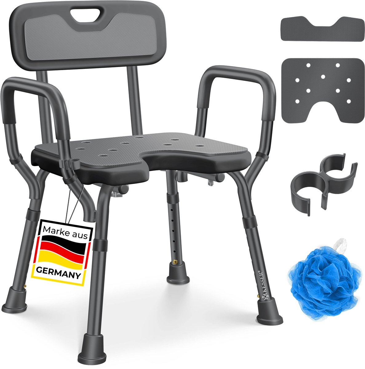 KESSER® Douchekruk met rugleuning - 6 standen verstelbaar 38-54 cm - tot 150 kg - antislip - antraciet