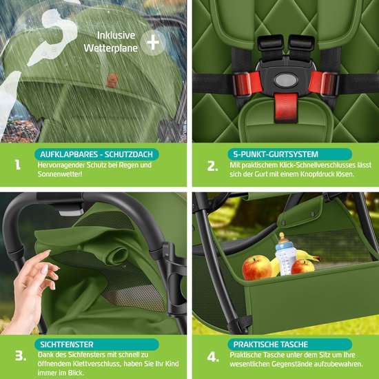 KIDIZ® Kinderwagen Premium - inklapbare buggy met ligstand - 360° wielen en 5-puntsgordel - khaki van Kidiz — afbeelding 2
