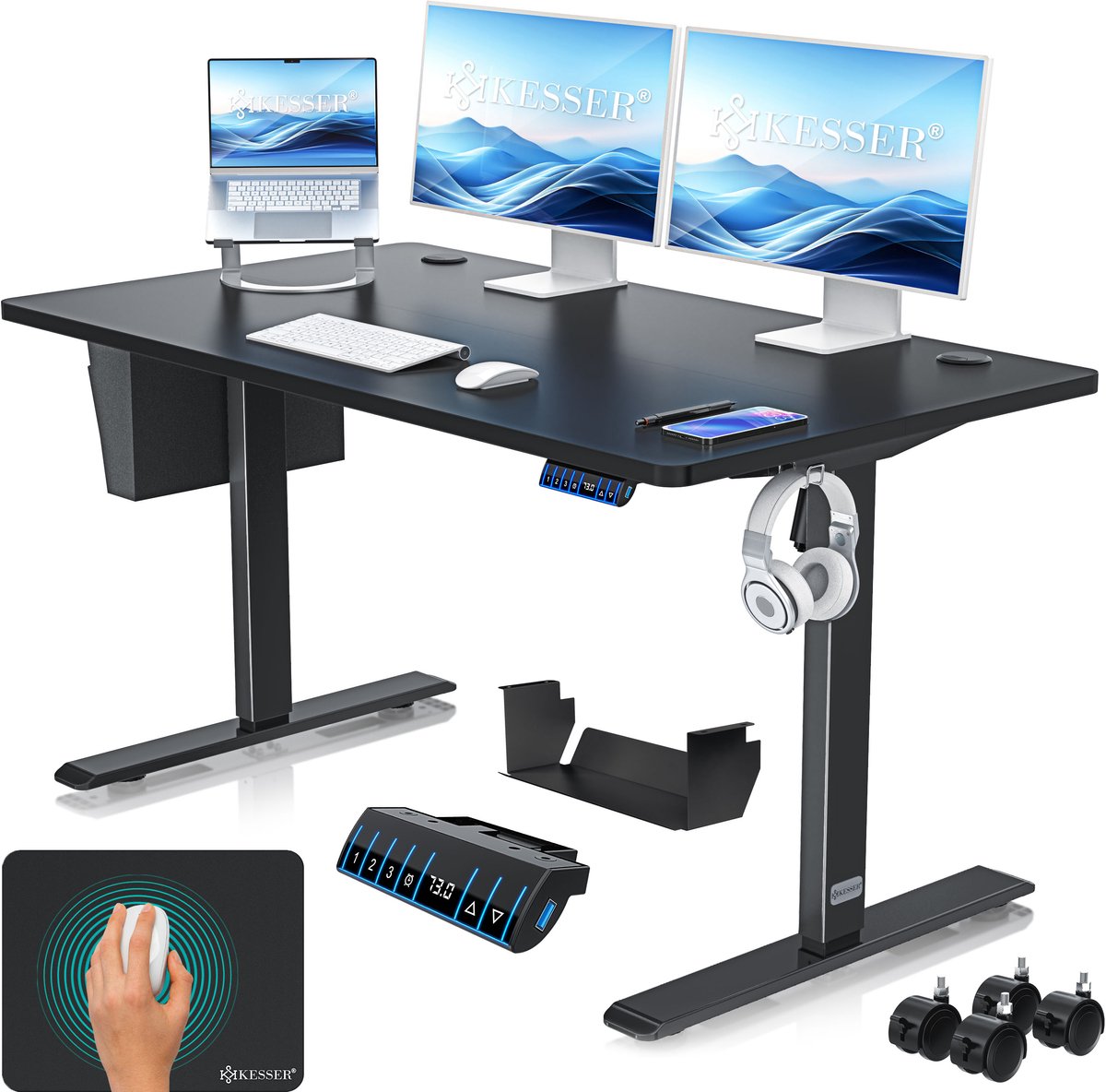 KESSER® Elektrisch zit-sta bureau - 3 geheugenstanden, USB-aansluiting en 360° wielen - Zwart 140 x 70 cm
