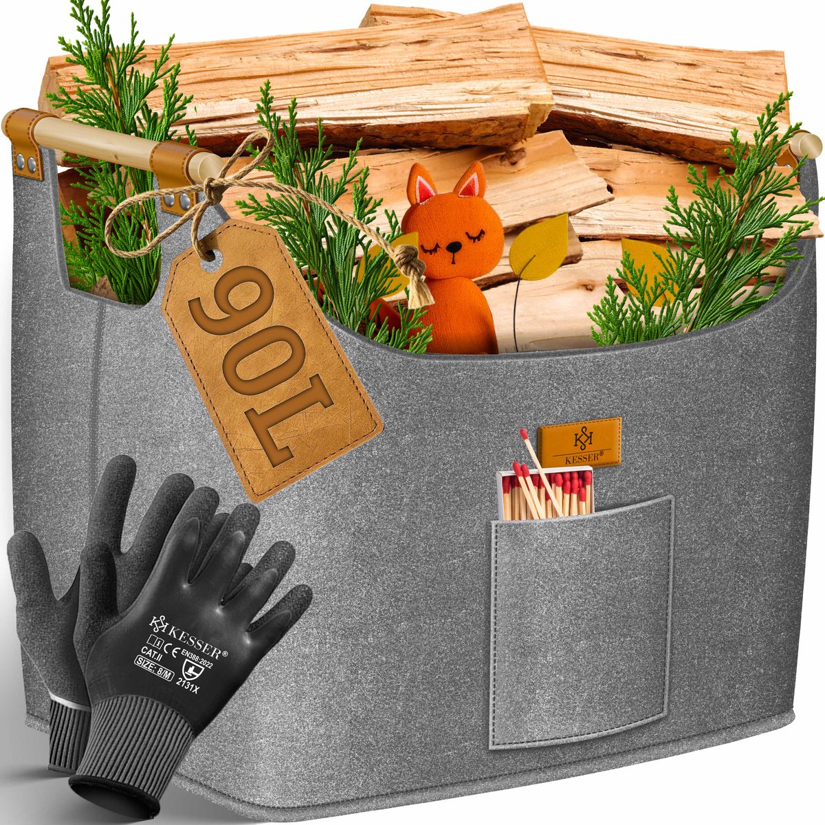 KESSER® Brandhoutkorf 60 Liter - Extra dik vilt - Opvouwbaar met houten grepen - Grijs