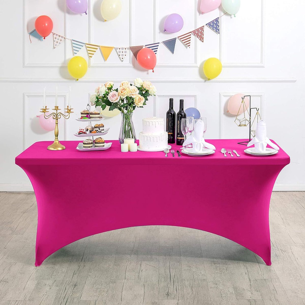 Rechthoekig, rekbaar en vlekbestendig tafelkleed, waterdicht, wasbaar en rekbaar, geschikt voor het decoreren van terrassen, keukens, bruiloften, verjaardagen, feesten, picknicks en andere gelegenheden,Roze rood - 183 x 76 x 76 cm (6 voet)