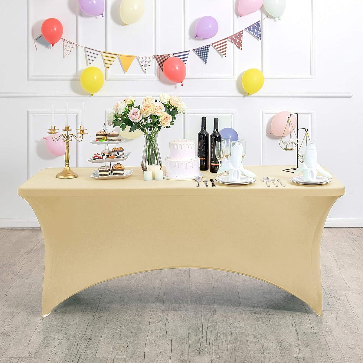 Rechthoekig, rekbaar en vlekbestendig tafelkleed, waterdicht, wasbaar en rekbaar, geschikt voor het decoreren van terrassen, keukens, bruiloften, verjaardagen, feesten, picknicks en andere gelegenheden,Champagnekleur - 183 x 76 x 76 cm (6FT)