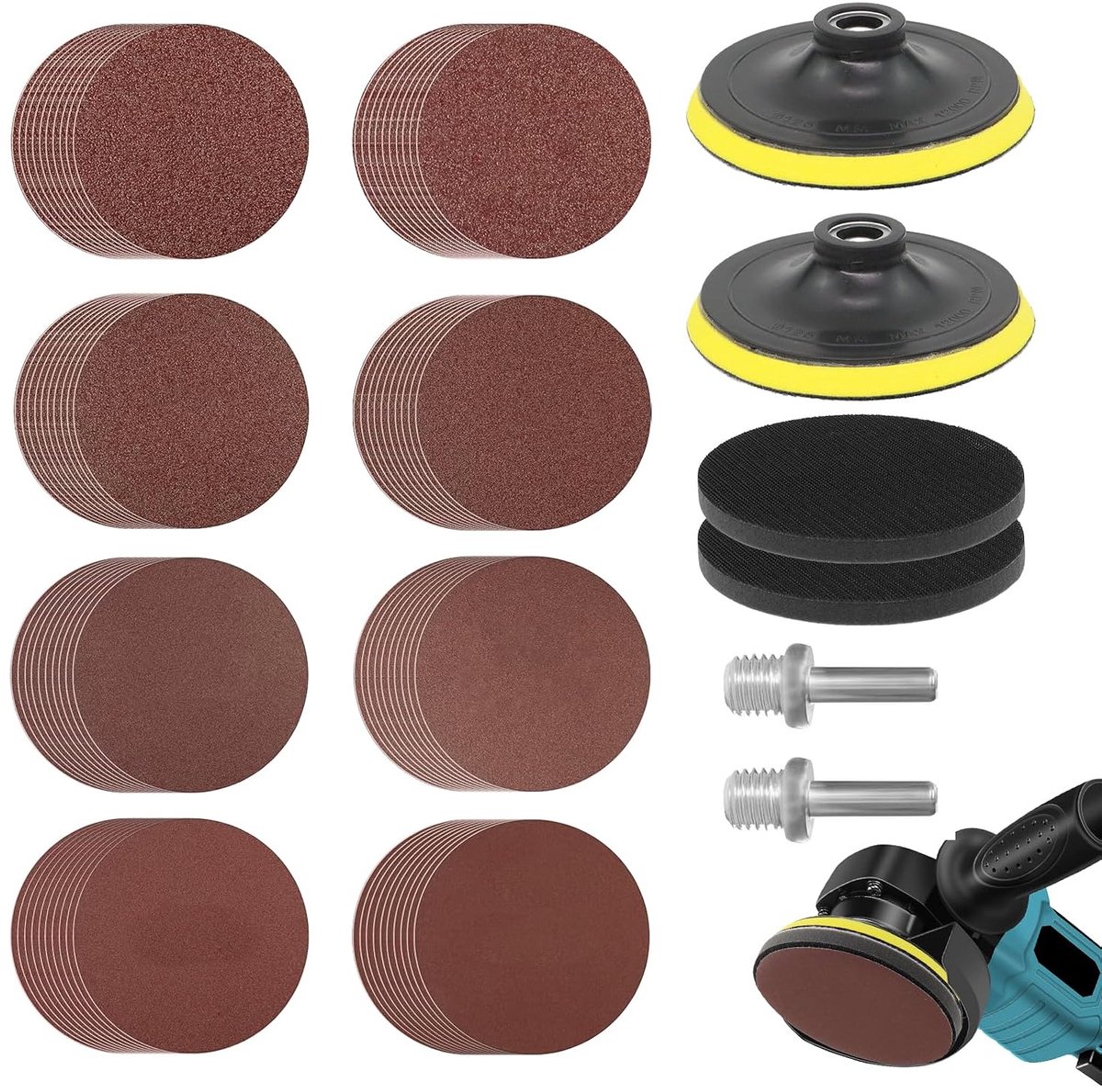 80 stuks schuurschijven set met 2 M14 schuurplaten, 2 schachten en 2 bufferpads, schuurpapier 125mm klittenband korrel 40/60/80/120/180/240/320/600 voor hoekschuurmachines