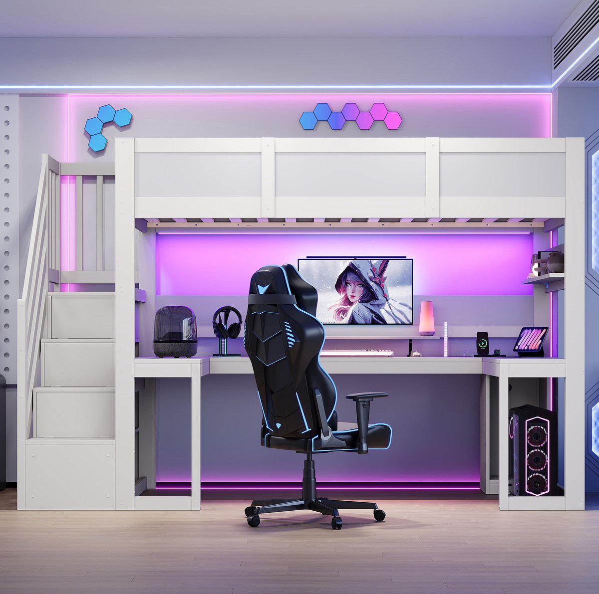 MODENUIT Hoogslaper – Met Bureau En Opbergtrap – 90 X 200 Cm – MDF – Wit – Ledverlichting Met Zeven Kleuren En Usb-Aansluiting