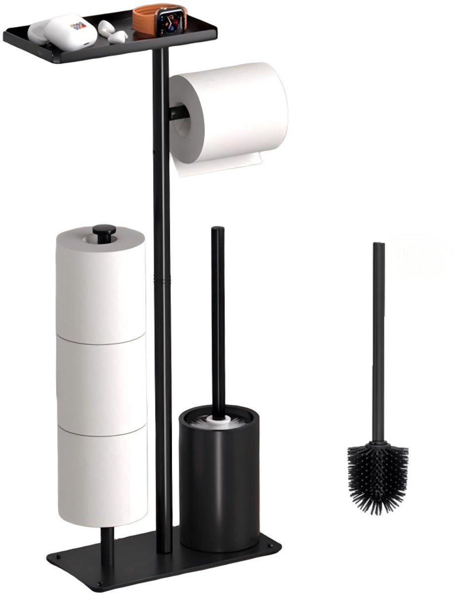 4-in-1 Vrijstaande Toiletpapierhouder + WC-borstel + Opbergrek + Ruimte voor 3 Reserverollen