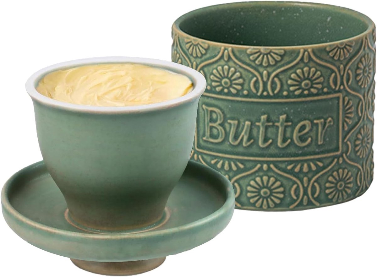 Botervloot met keramiek, Franse botervloot met waterkoeling, gekoeld door water, porseleinen boterpot, voor versheid en het smeren van boter (groen, 15 g)