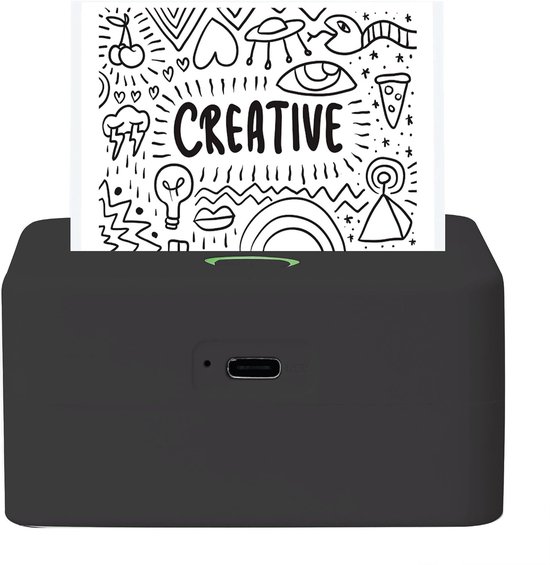 Zwarte miniprinter met geprinte tekeningen, waaronder "CREATIVE", een pizza en een lampje.