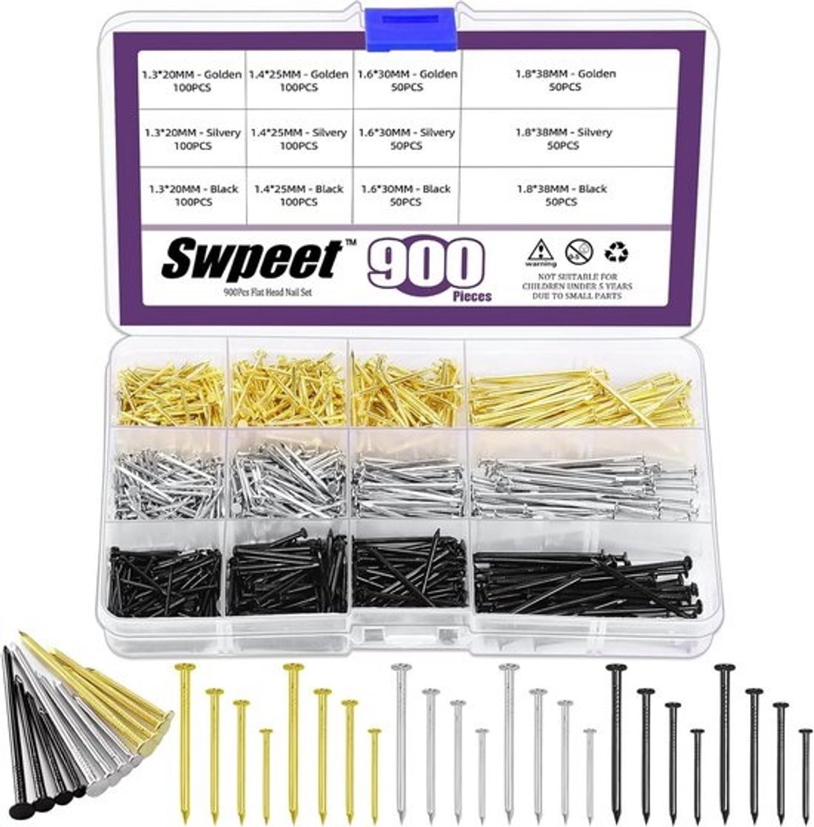 Assortiment van 900 stuks nagels in 4 maten - verzinkte nagels voor ophangen en doe-het-zelf projecten