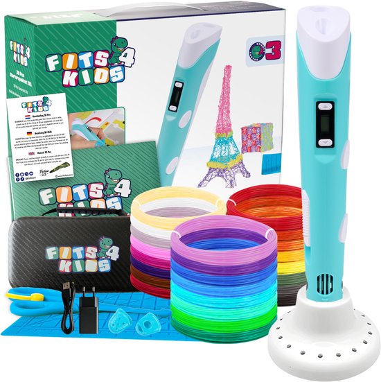 Fits4Kids 3D Pen Starterspakket XXL in blauw, met turquoise 3D-pen, opbergkoffer, vele gekleurde filamentrollen, tekenmat, schaartje, adapter en USB-kabel.