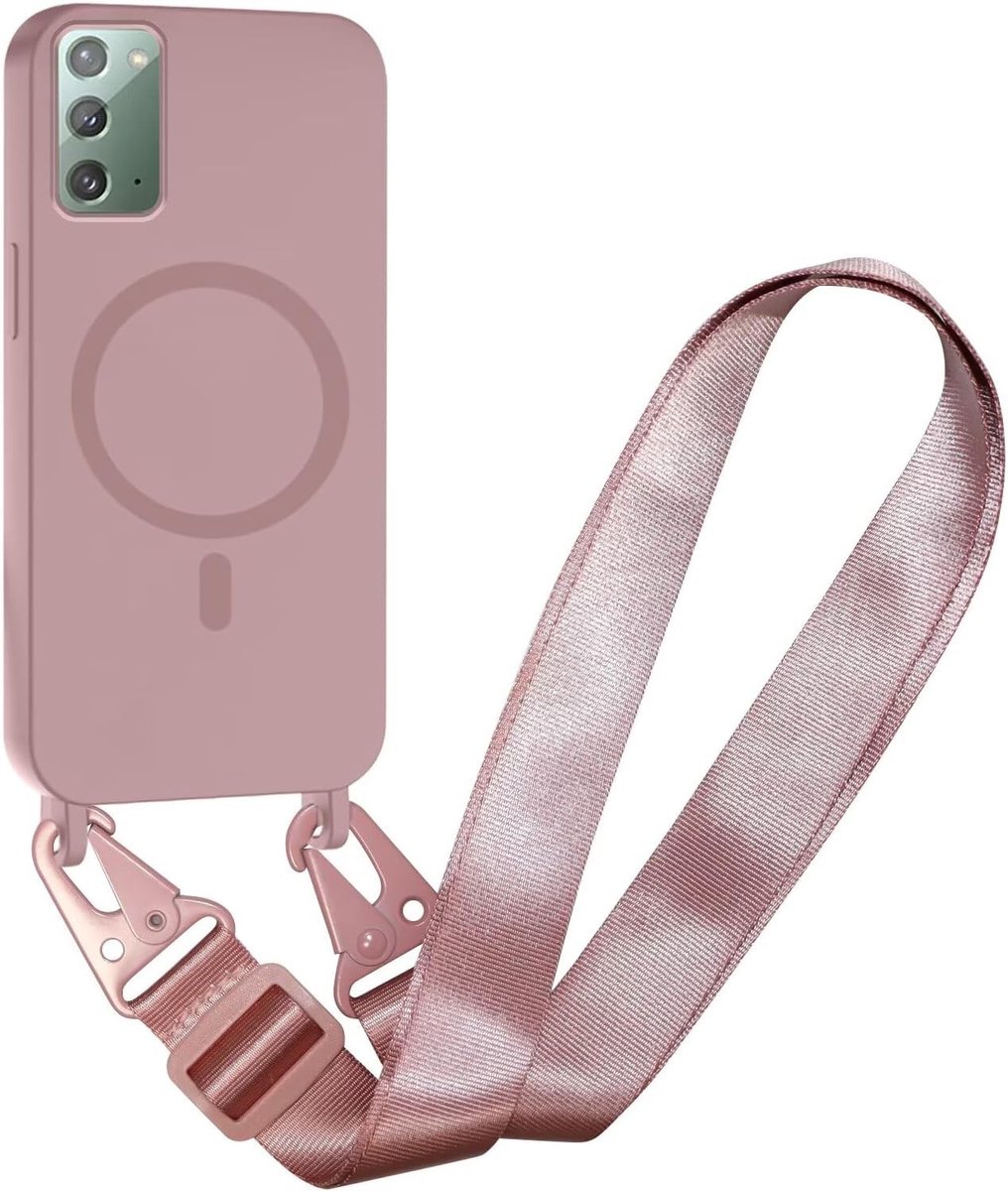 Compatibel met Samsung Galaxy Note20 Draadloos opladen, Schokbestendige Verwijderbare Telefoon Case met Verstelbare Nekoord Ketting Zachte Cover voor Samsung Galaxy Note20, Zand Roze