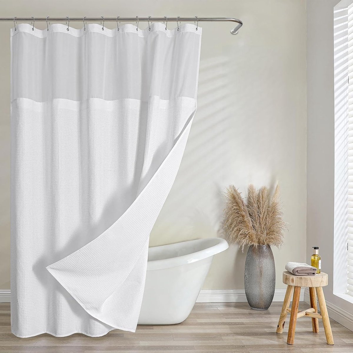 Douchegordijn met haken, zwaar waterdicht stoffen douchegordijn met TPU gecoate achterkant, 183 x 182 cm hotelstijl met gaasvenster, 12 roestbestendige haken