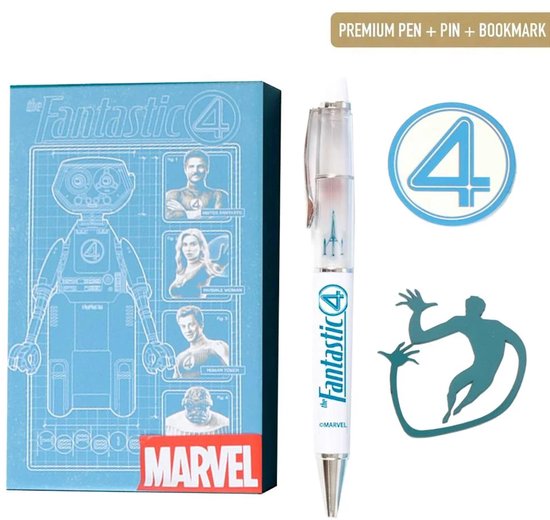 Fantastic 4 schrijfset met blauwe doos, pen, pin en boekenlegger.