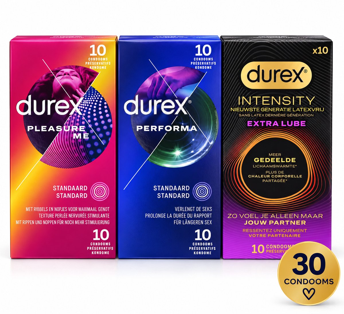 Durex Condoom Variatiebundel – Pleasure Me + Performa + Intensity Extra Lube – 30 Condooms – 3x 10 Stuks