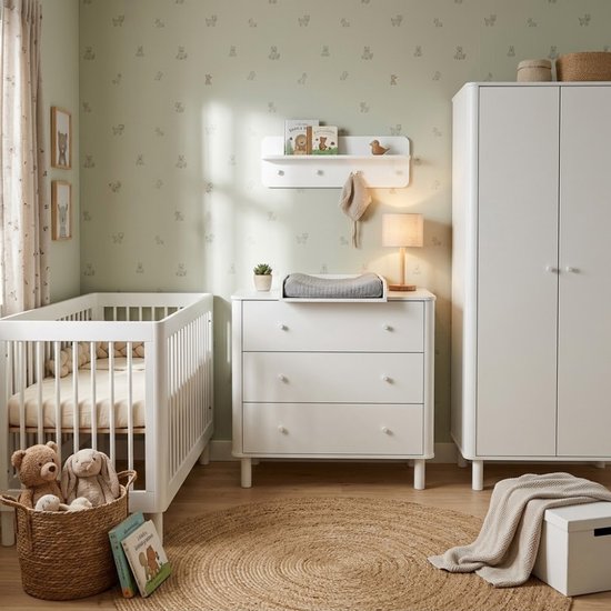Complete babykamer in zachtgroen met wit bed, commode, linnenkast en speelgoedmand.